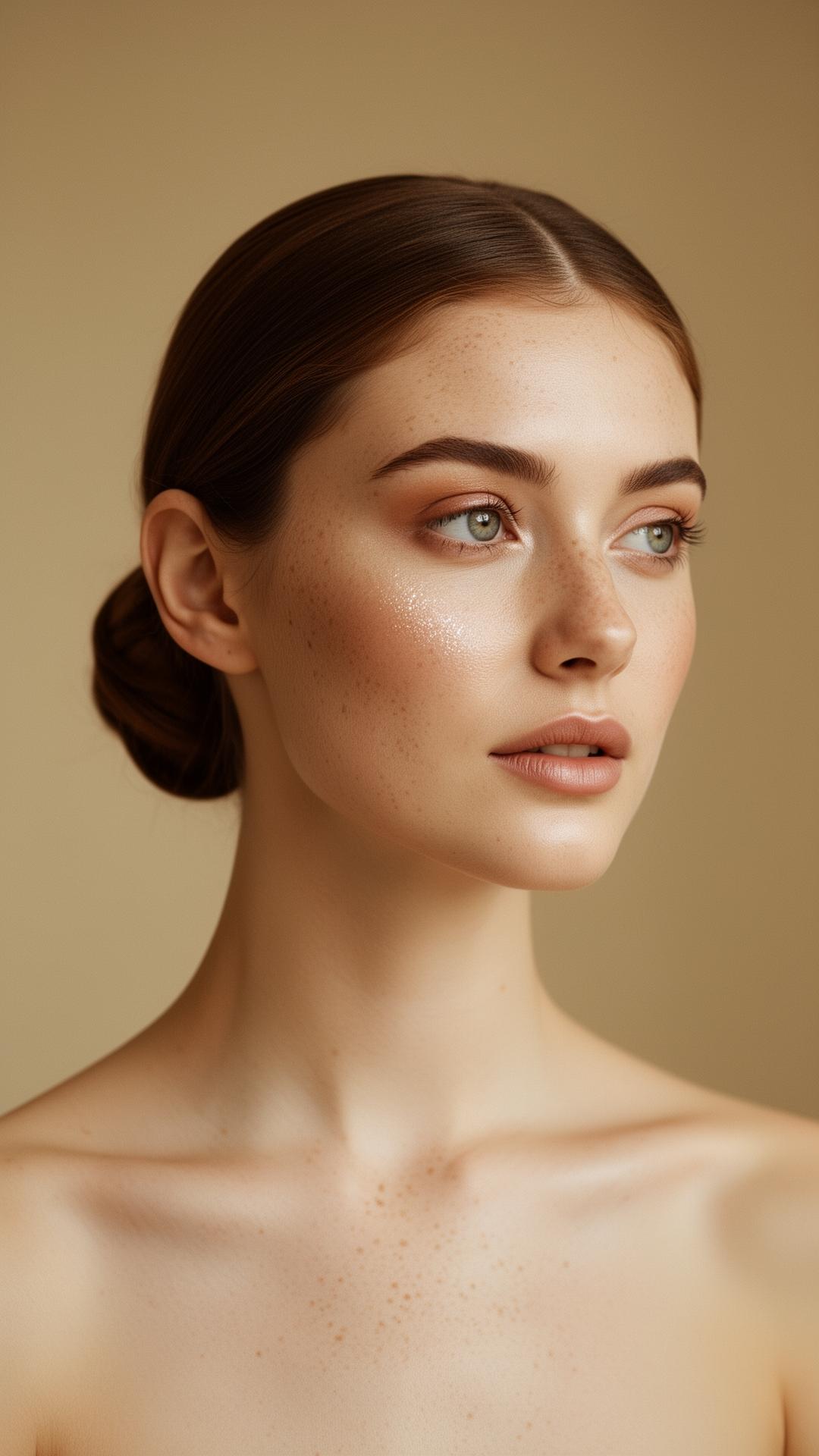 Editorial portrait of a young woman with natural glam makeup and elegant chignon updo